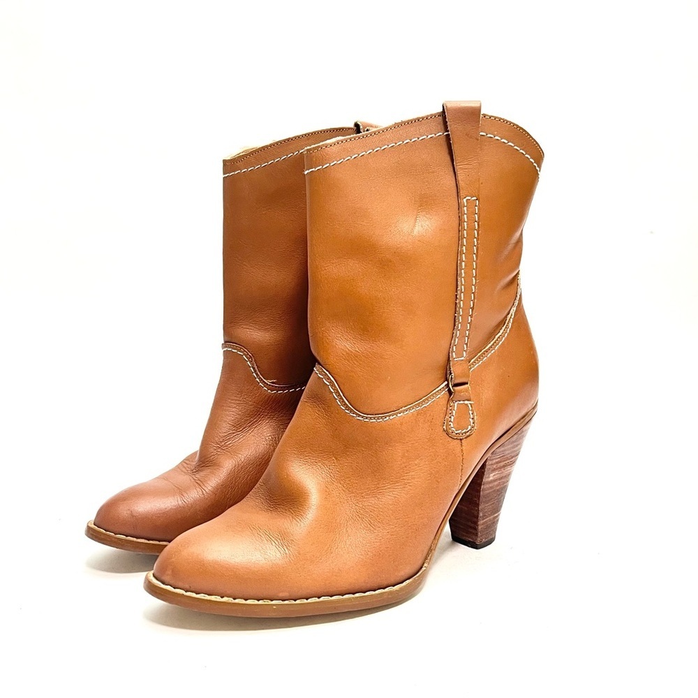 Vintage 1970s tan leather wooden stacked heel western pull on ankle boots - Picture 6 of 9